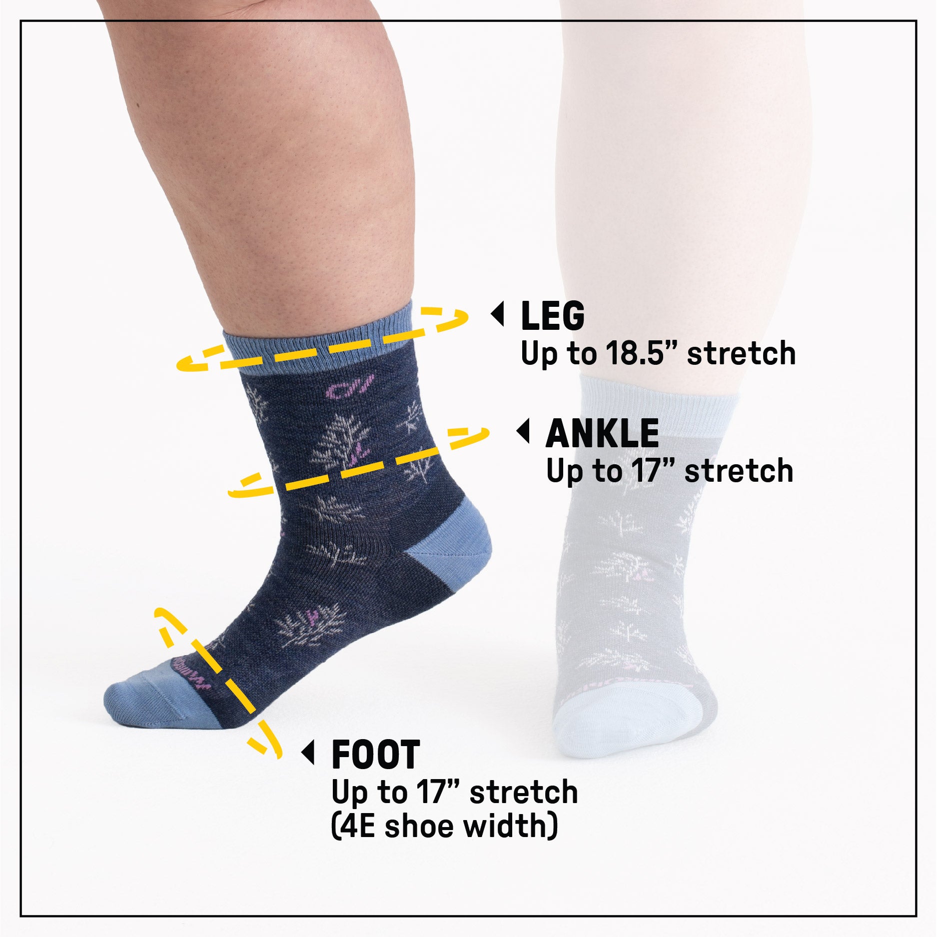Illustration showing sock has 17 inches of stretch in foot and ankle; 18.5 inches in the leg