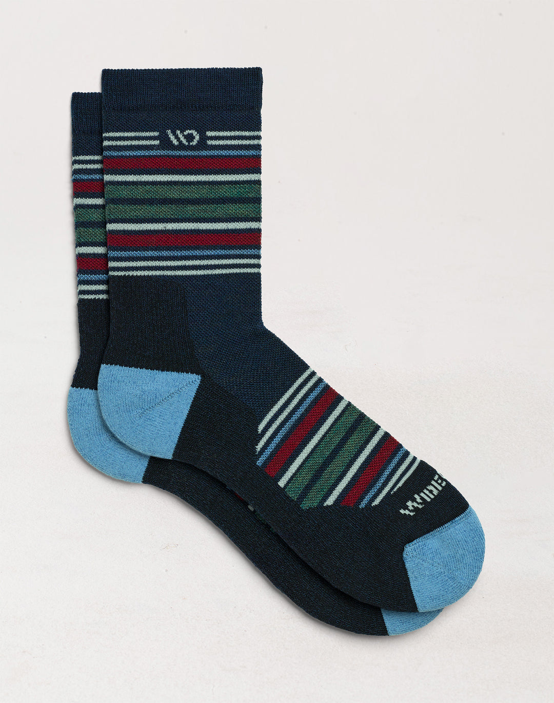 Socks laying flat with  stripes on the cuff and over the top of the foot with Dark blue body and white logo--Eclipse