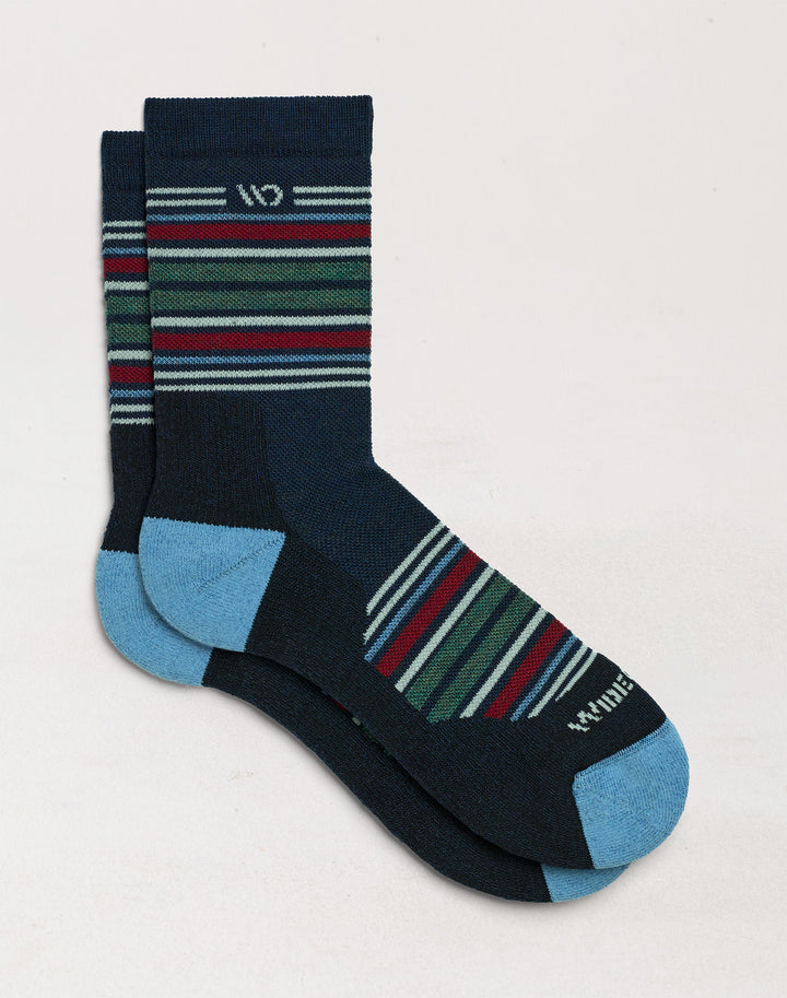 Socks laying flat with  stripes on the cuff and over the top of the foot with Dark blue body and white logo--Eclipse