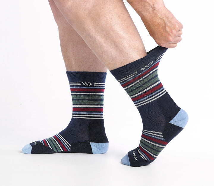 on model image of model stretching the cuff of the 9005 Multi stripe micro crew in eclipse