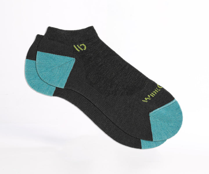 Flat socks featuring aqua heel/toe, yellow logo, and charcoal body --Charcoal