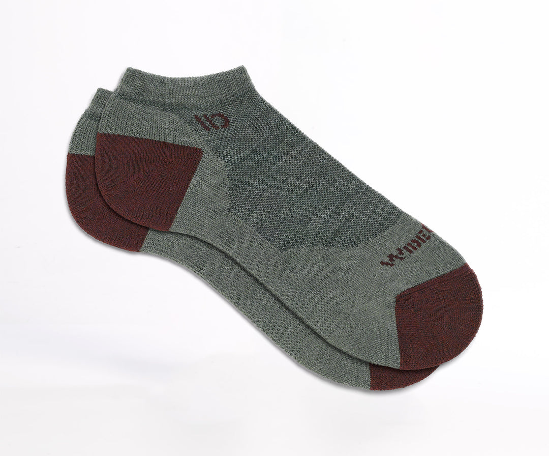 Flat socks featuring maroon heel/toe and logo, with taupe body--Taupe