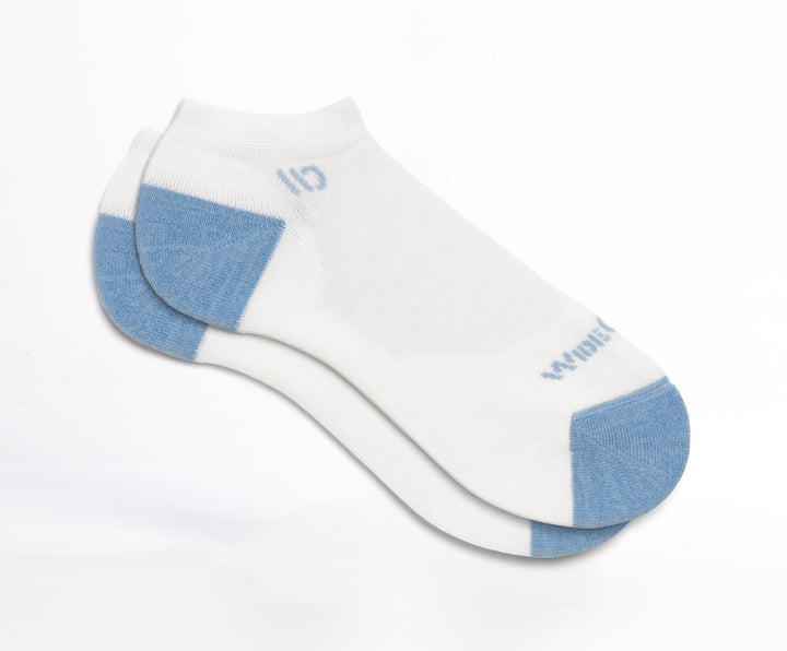 Flat socks featuring blue heel/toe and logo, with white body--White