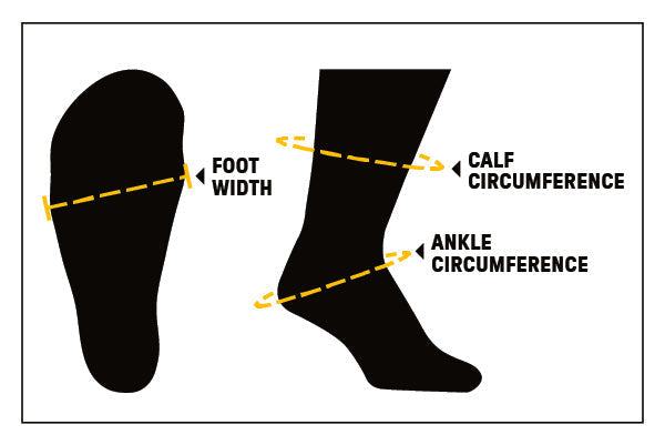 Outlines of foot and leg/calf with ticking marks showing how to measure foot width, calf and ankle circumference