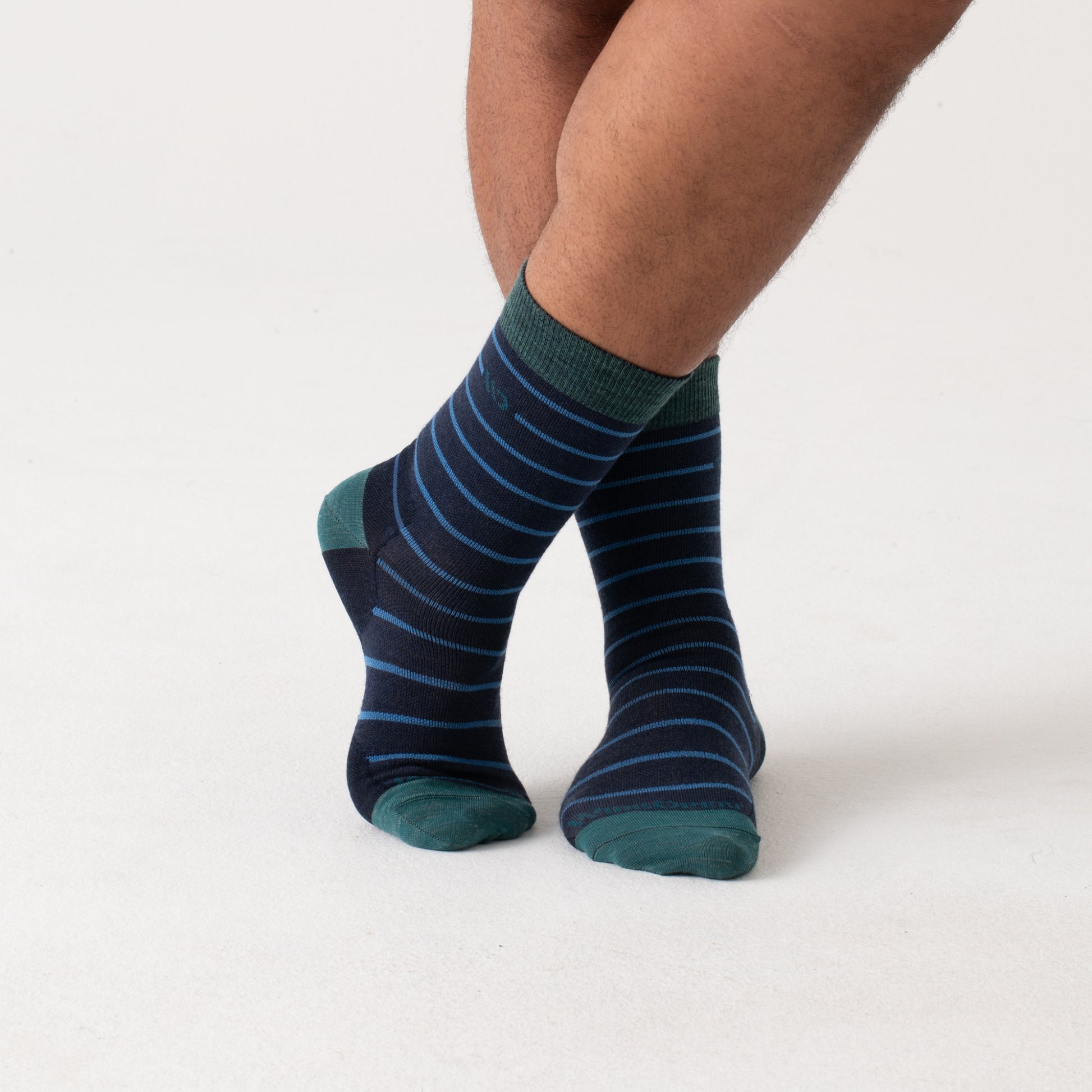 On body Crew sock with dark teal heel/toe and logo, Denim body and blue stripes --Denim