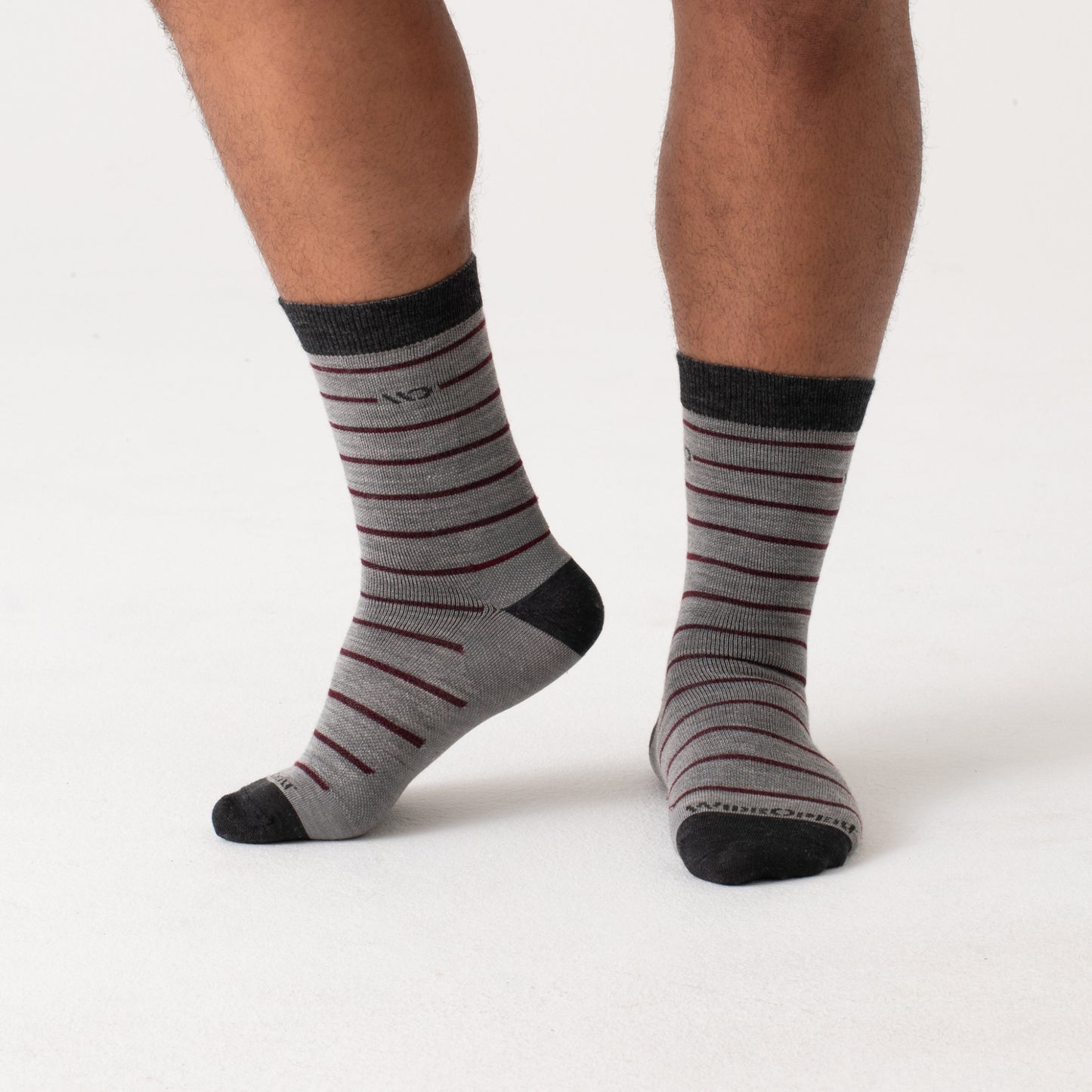 Crew socks on body with black heel/toe, logo, light gray body, maroon stripes --Light Gray