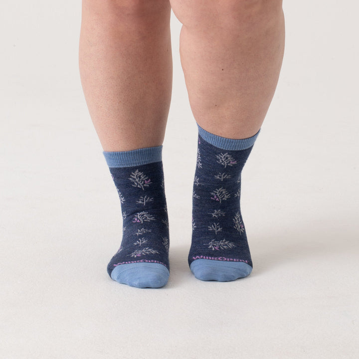 Micro Crews on model with light blue heel/toe/cuff, Denim body and white design --Light Gray/Denim