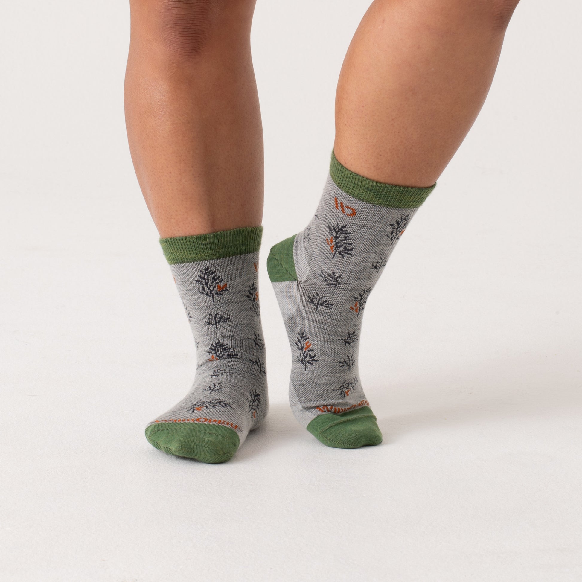 Micro Crew on model with green heel/toe/cuff, gray body and navy design --Light Gray