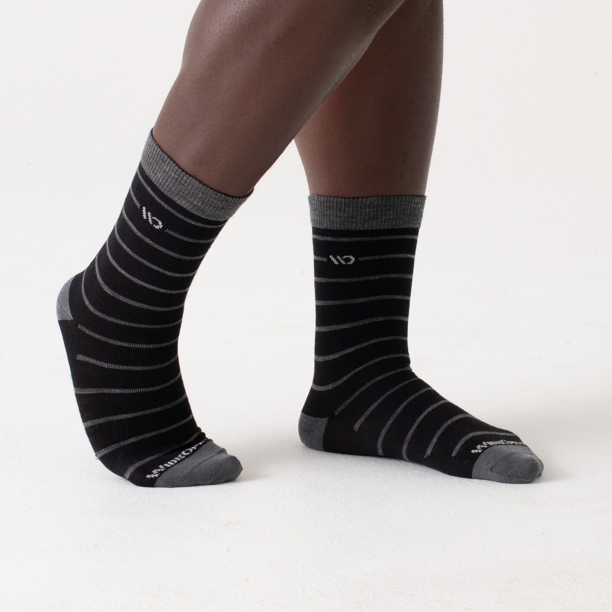 On body Black Crew sock, gray heel/toe, white logo, black body and gray stripes--Black