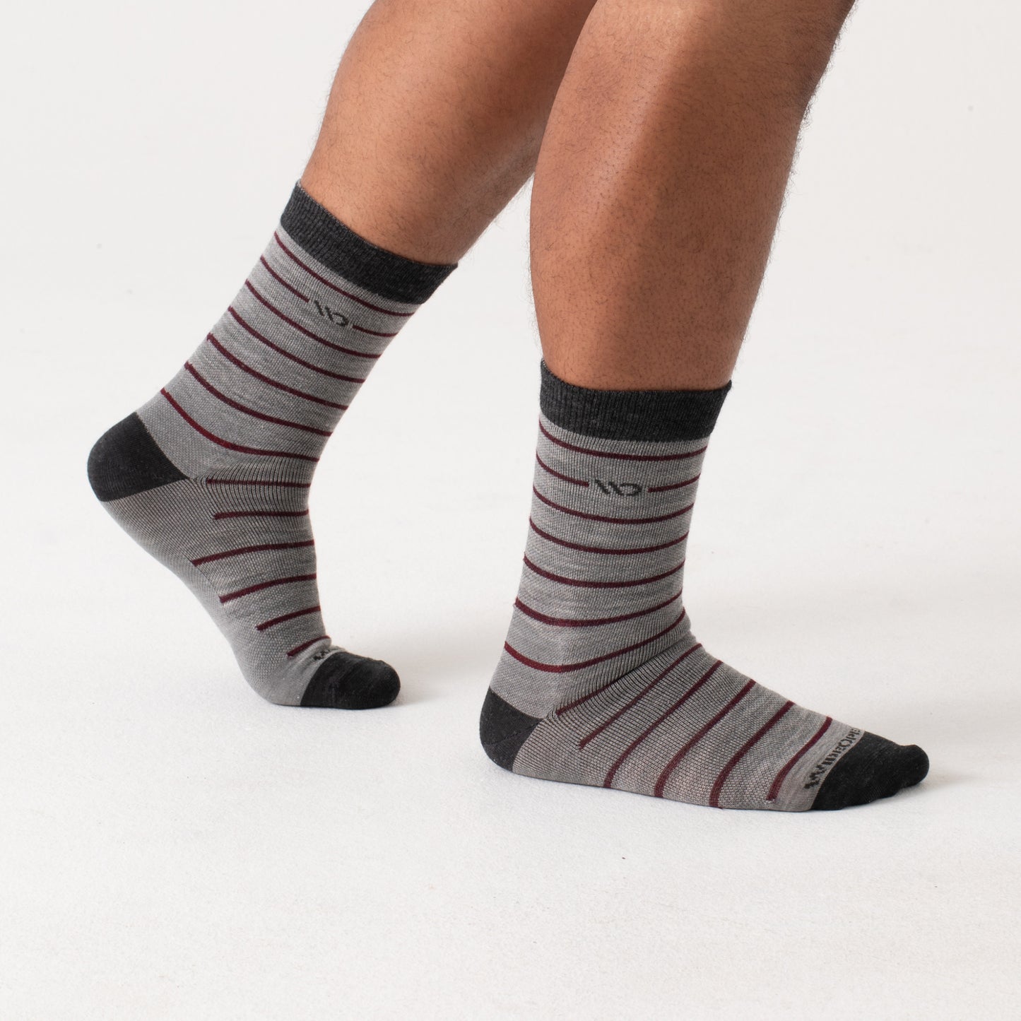 Crew socks on body black heel/toe and logo, light gray body, maroon stripes --Light Gray