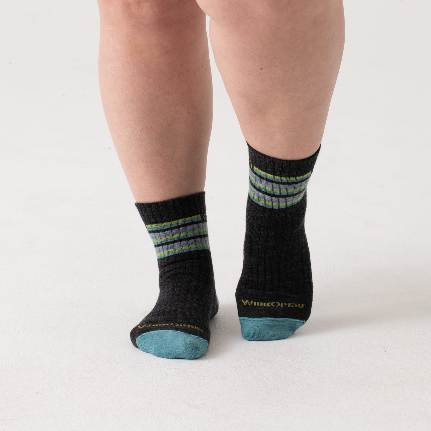 Micro Crew on body with aqua heel/toe, charcoal body and Stripes below the cuff --Charcoal