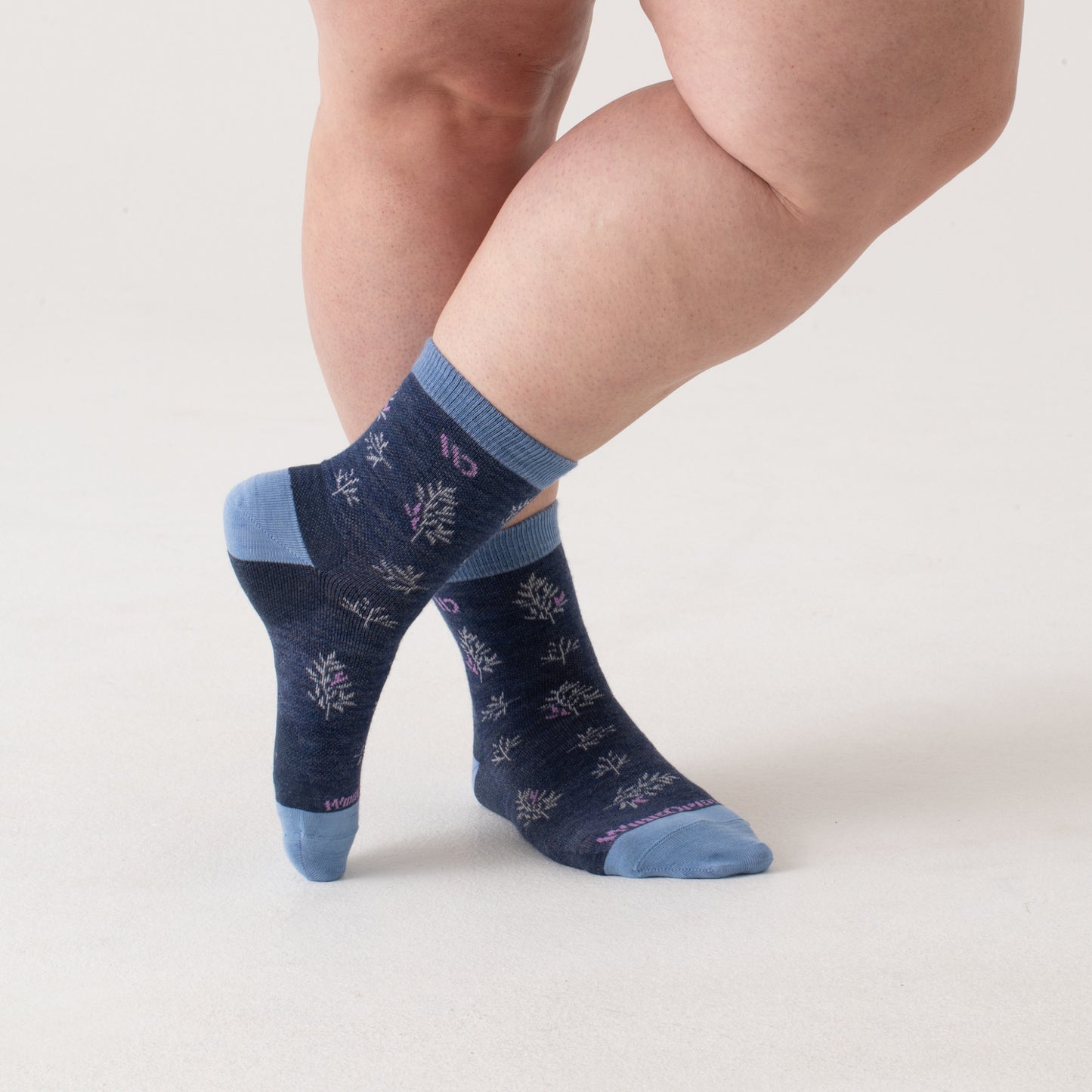 Micro Crews on model with light blue heel/toe/cuff, Denim body and white design --Denim