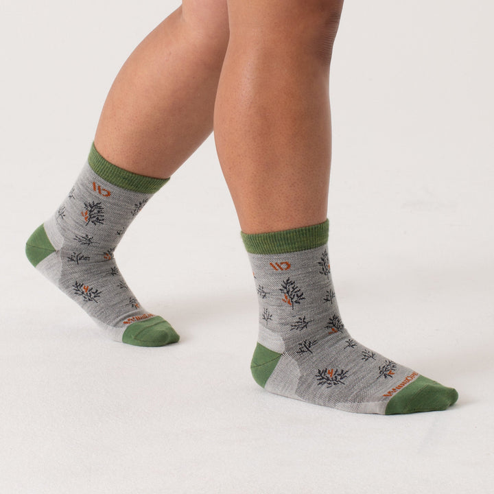 Micro Crew on model with green heel/toe/cuff, gray body and navy design --Light Gray/Denim