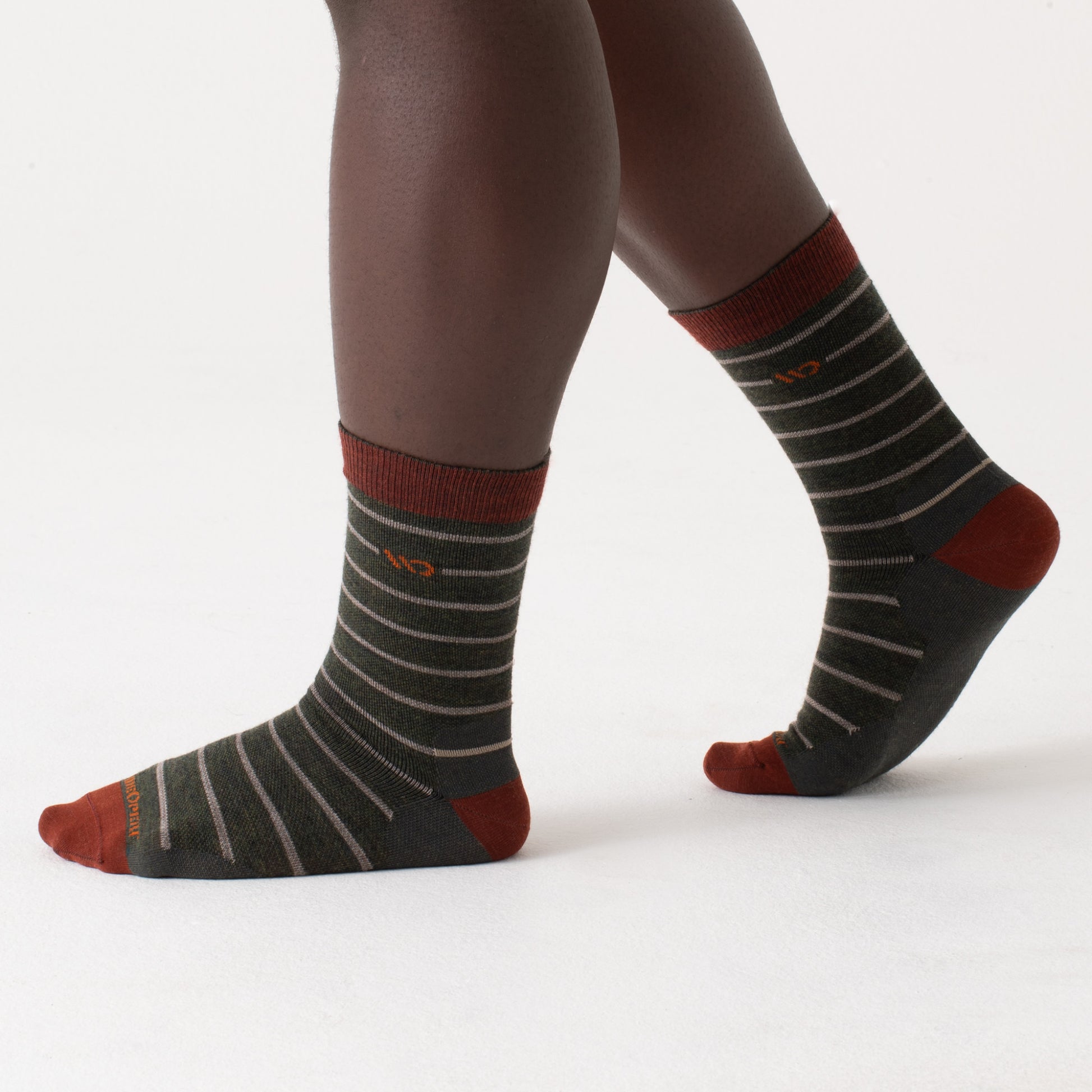 On body Crew socks with maroon heel/toe, orange logo, forest body and gray stripes--Forest
