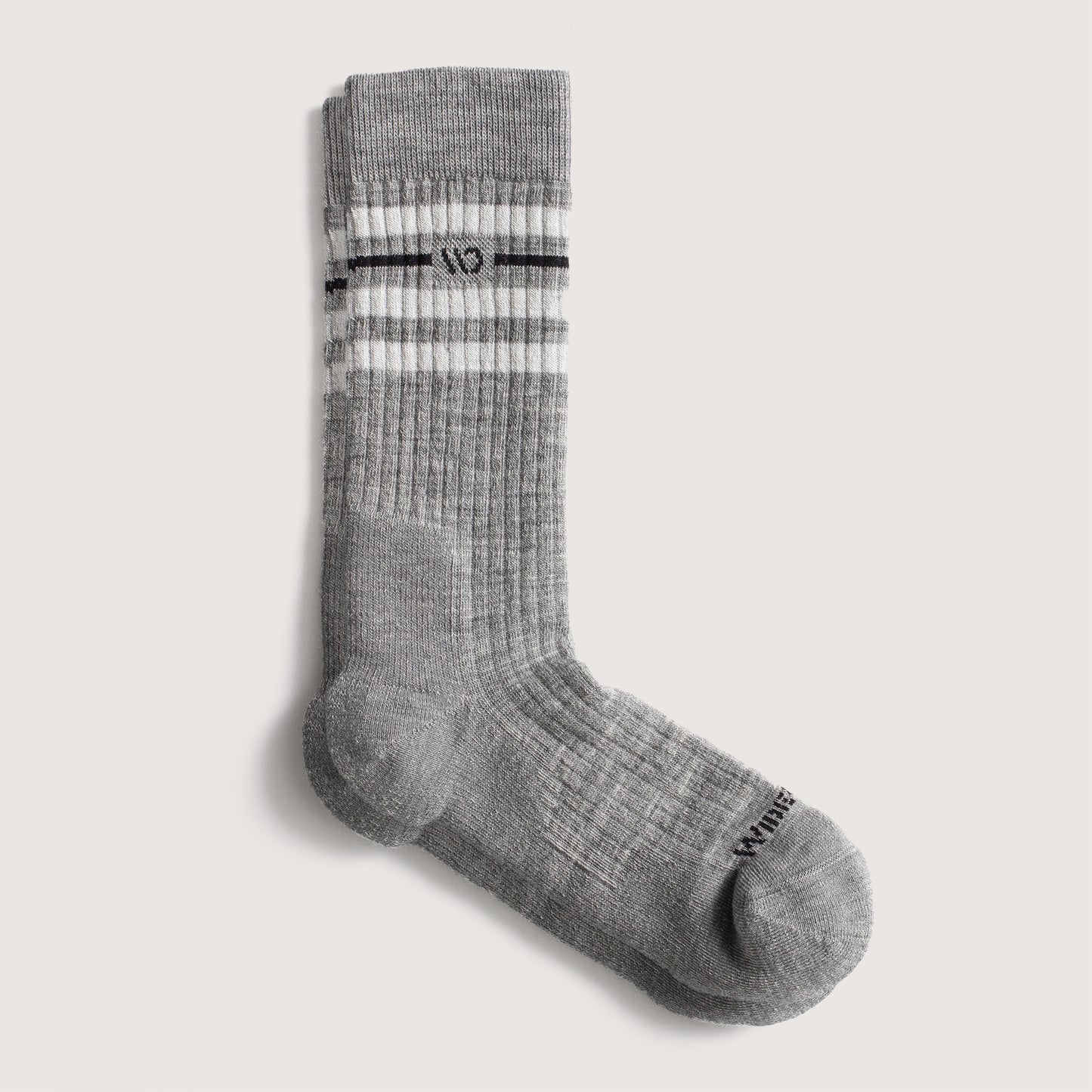 Flat socks featuring black logo, light gray body, white stripes below the cuff--Light Gray