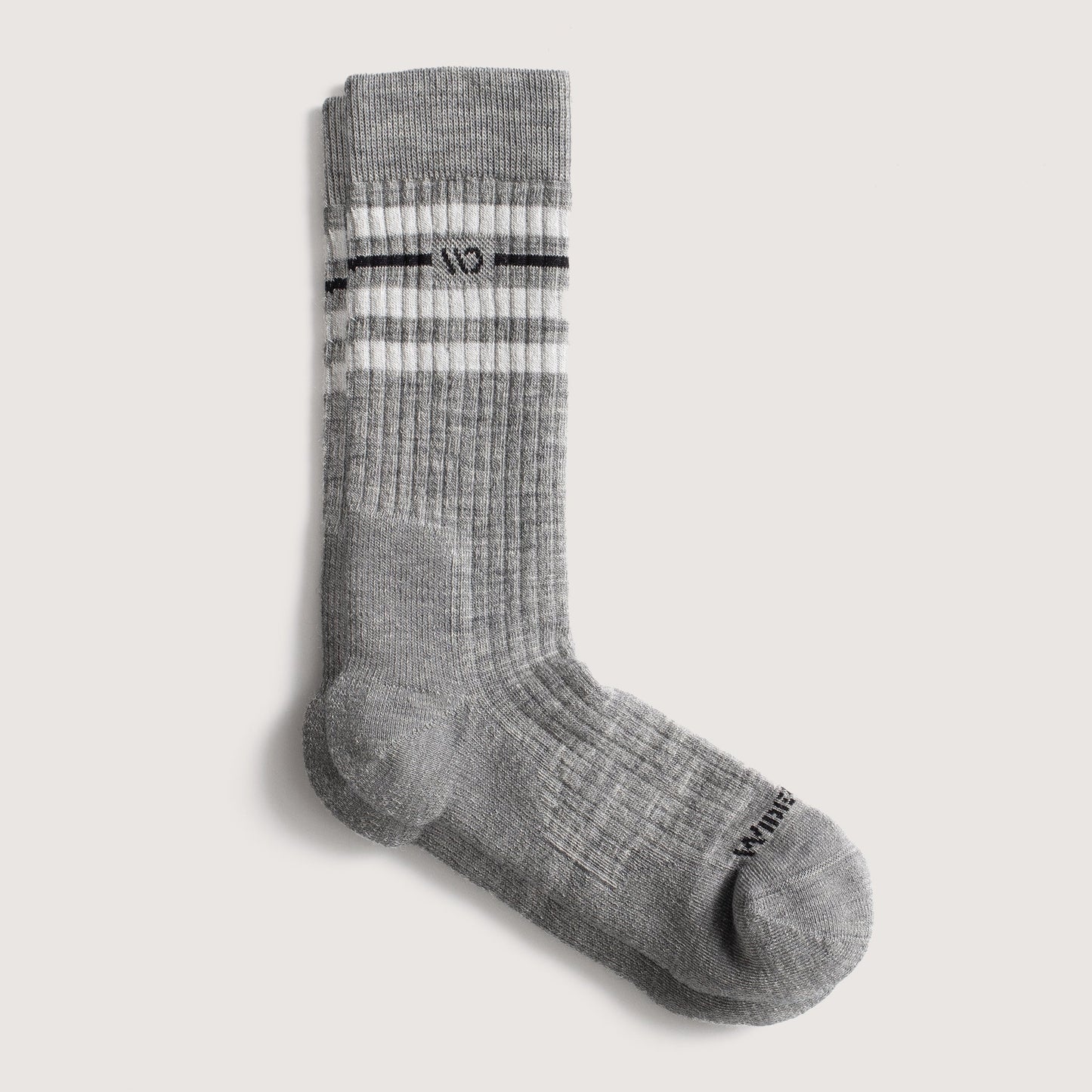 Flat socks featuring black logo, light gray body, white stripes below the cuff--Light Gray/Denim/Forest