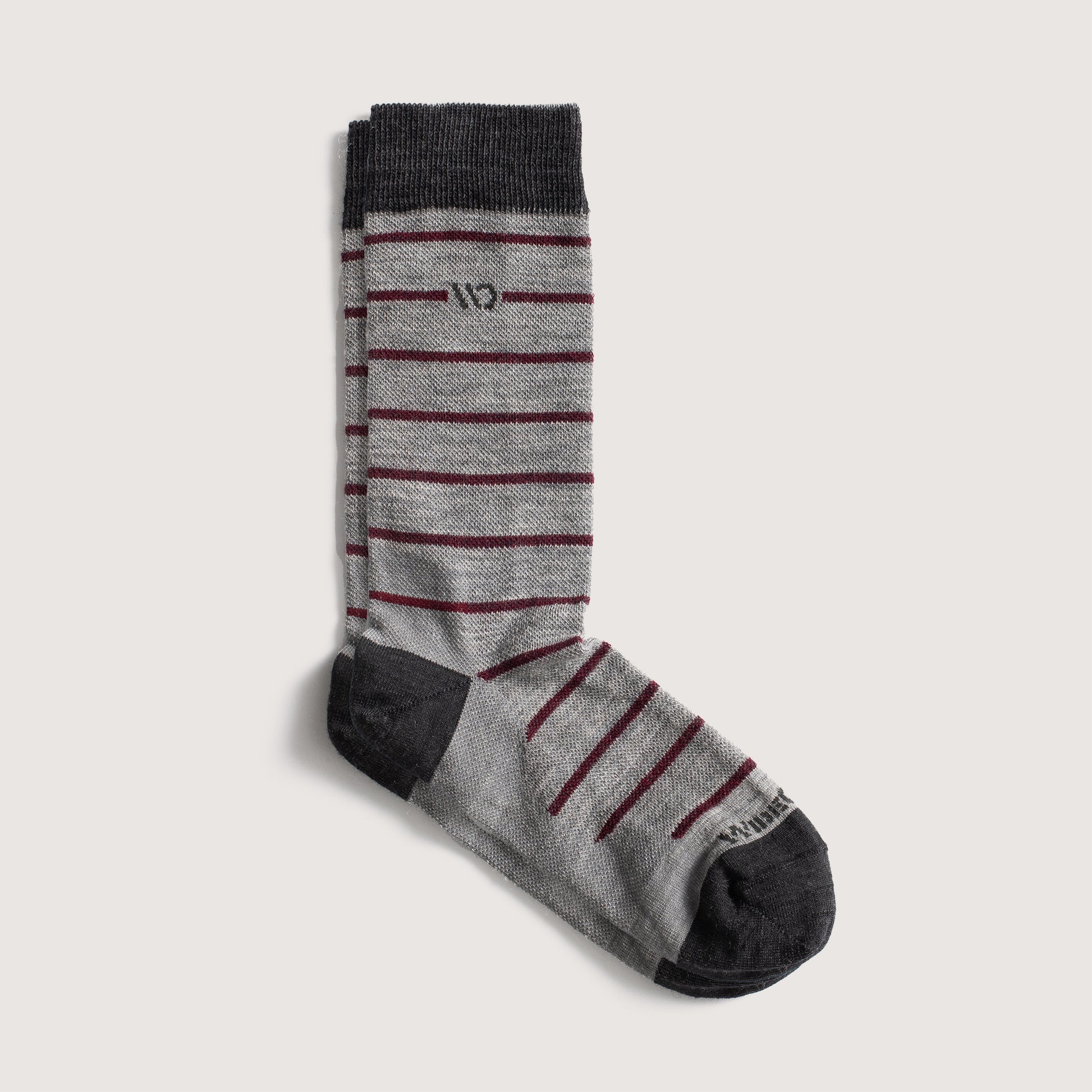 Flat socks featuring dark gray toe and logo, light gray body, maroon stripes --Light Gray