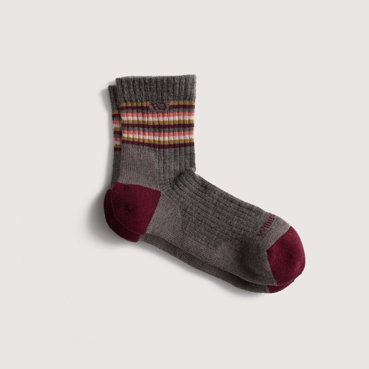 Flat socks featuring maroon toe, taupe body, maroon logo and stripes on the cuff--Taupe