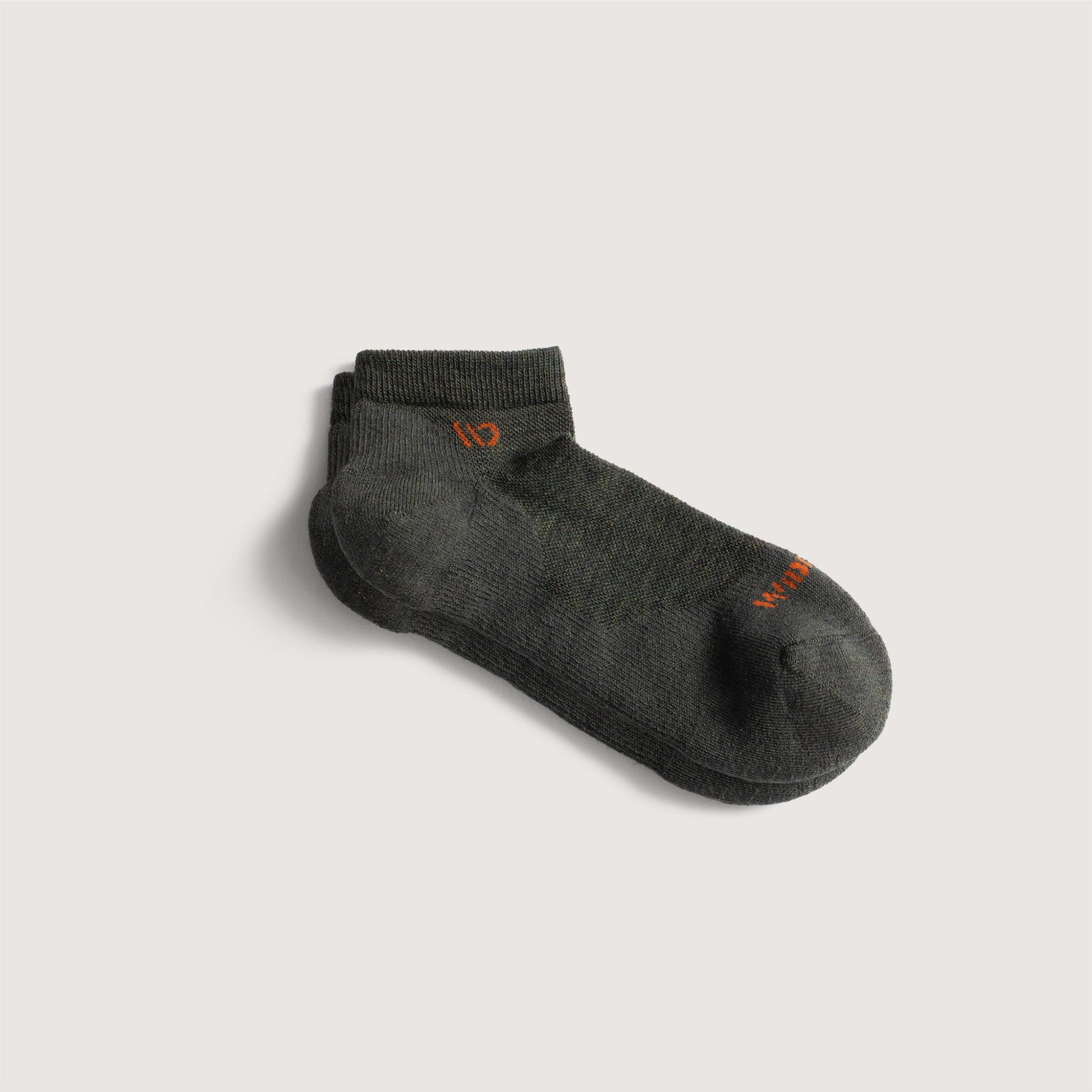 Flat socks, featuring orange logo, with forest green body --Black/Denim/Forest