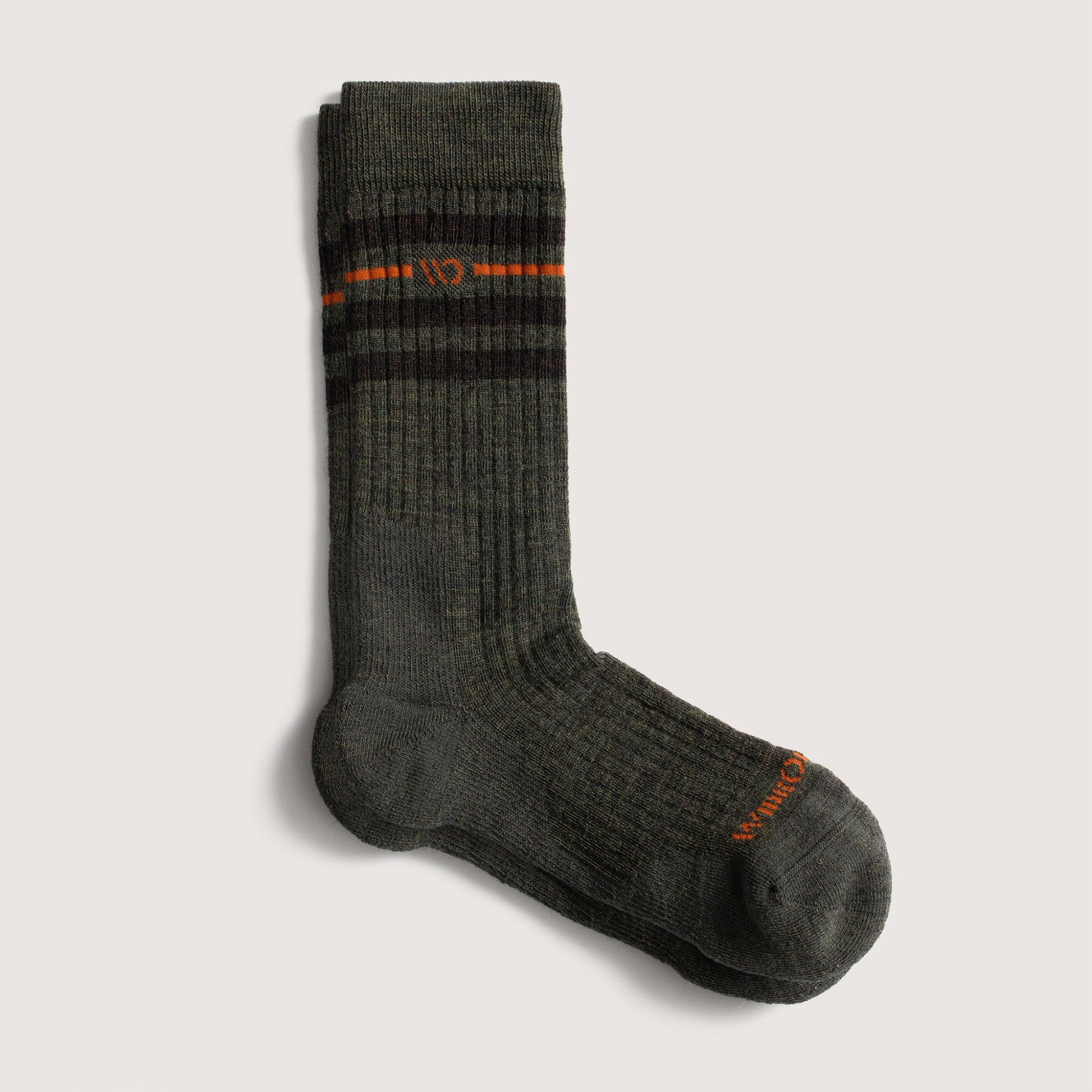 Flat socks orange logo, forest green body, and black stripes below the cuff --Light Gray/Denim/Forest