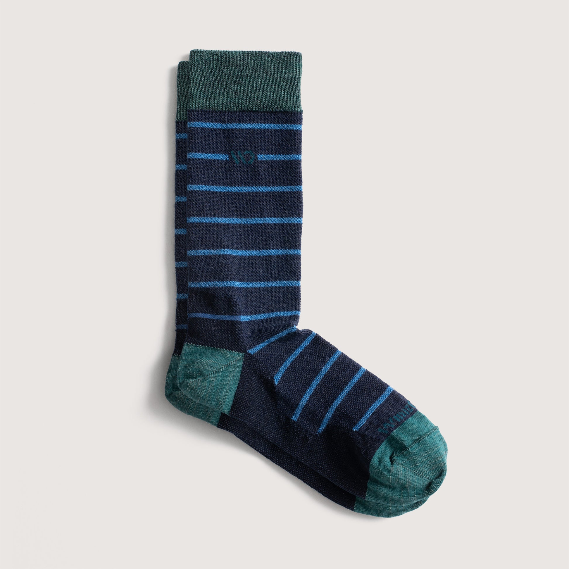 Crew sock with dark teal heel/toe and logo, with Denim body and blue stripes --Denim
