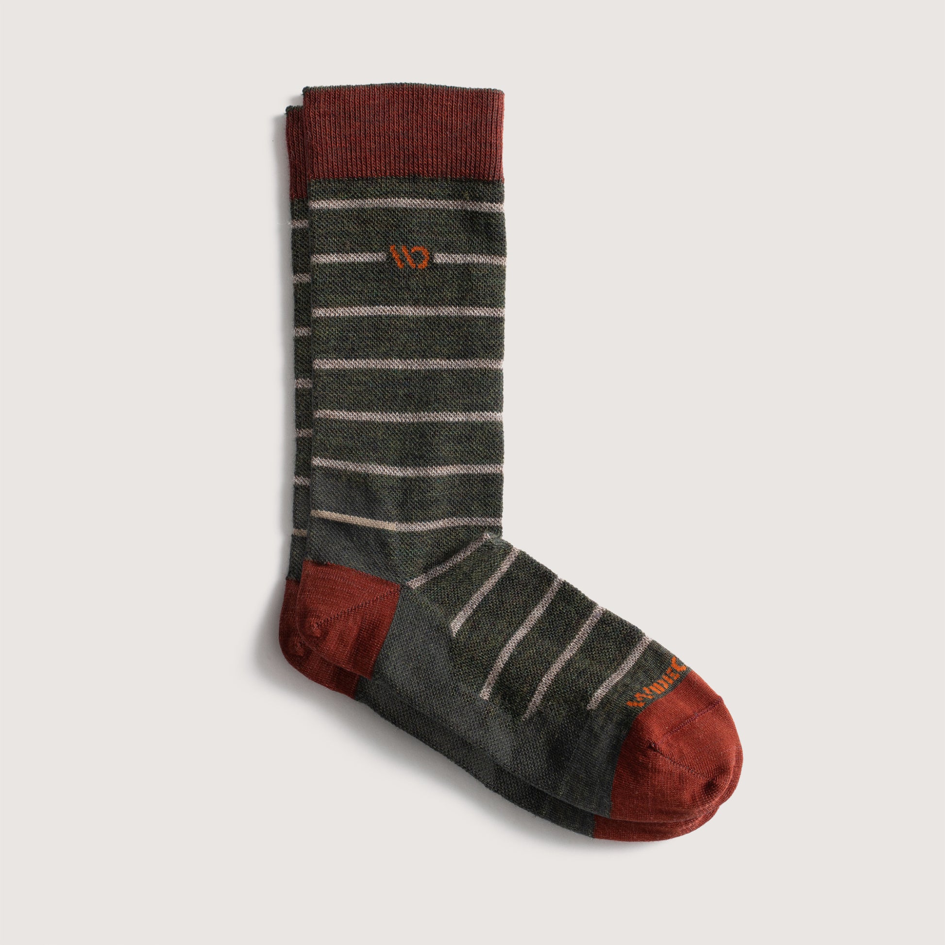 Flat socks, featuring orange heel/toe, logo, forest green body and gray stripes --Forest