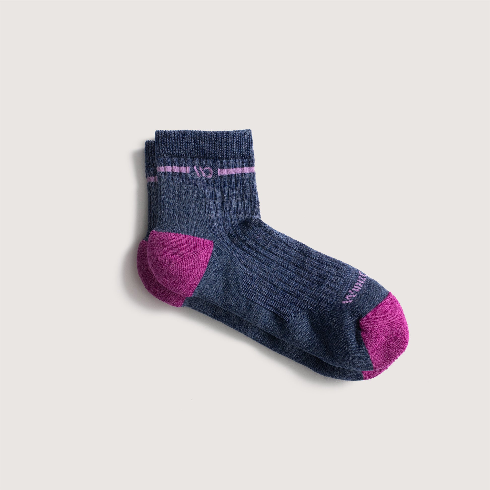 Flat socks fuchsia toe, denim body, and lavender logo and stripe under the cuff--Denim