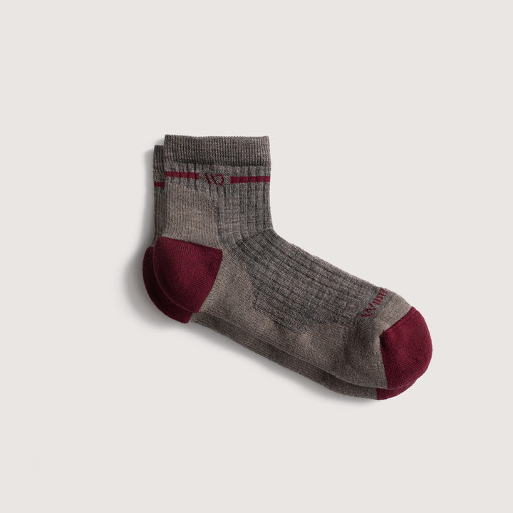 9501 Taupe, flat image, featuring maroon heel/toe and logo,taupe body, and Maroon stripe under the cuff