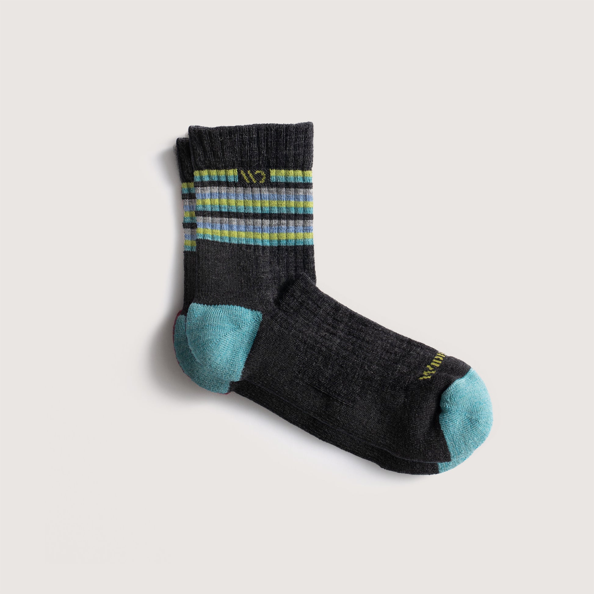 Flat socks, featuring aqua heel/toe, yellow logo, charcoal body, and stripes cuff --Charcoal