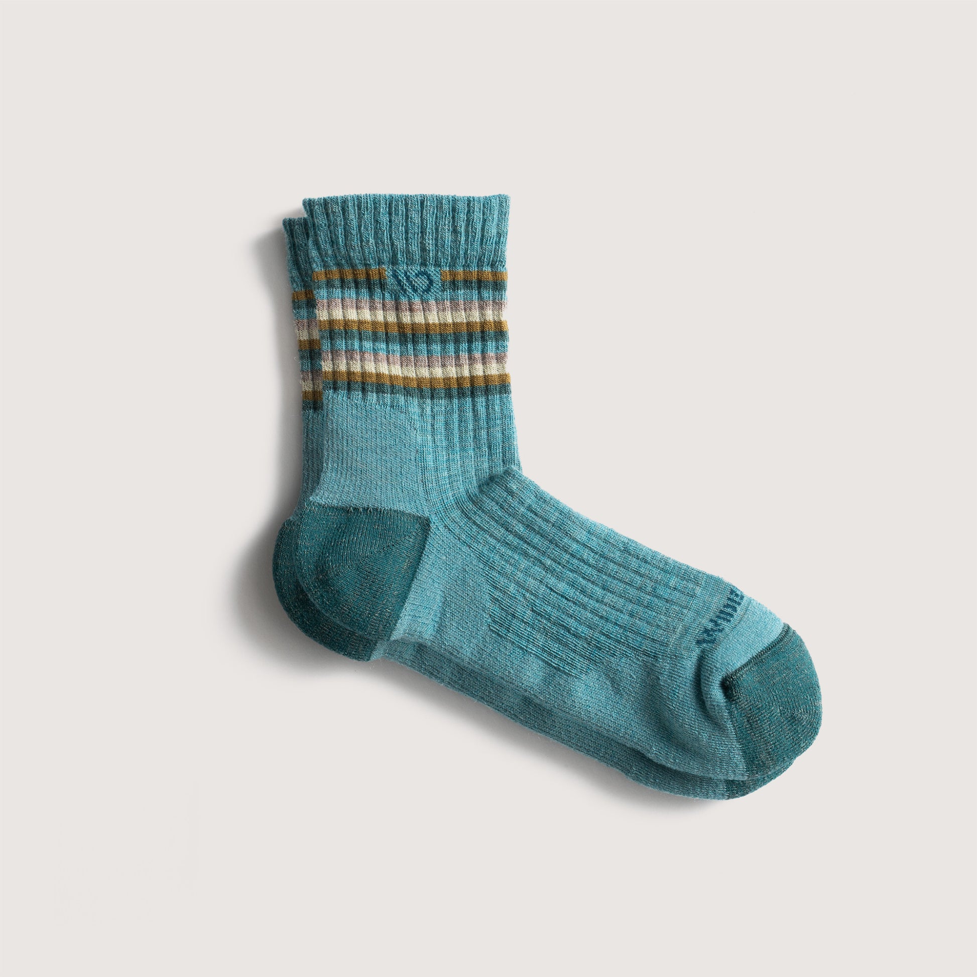 Flat socks dark teal toe and logo, light teal body, and stripes on cuff --Light Teal