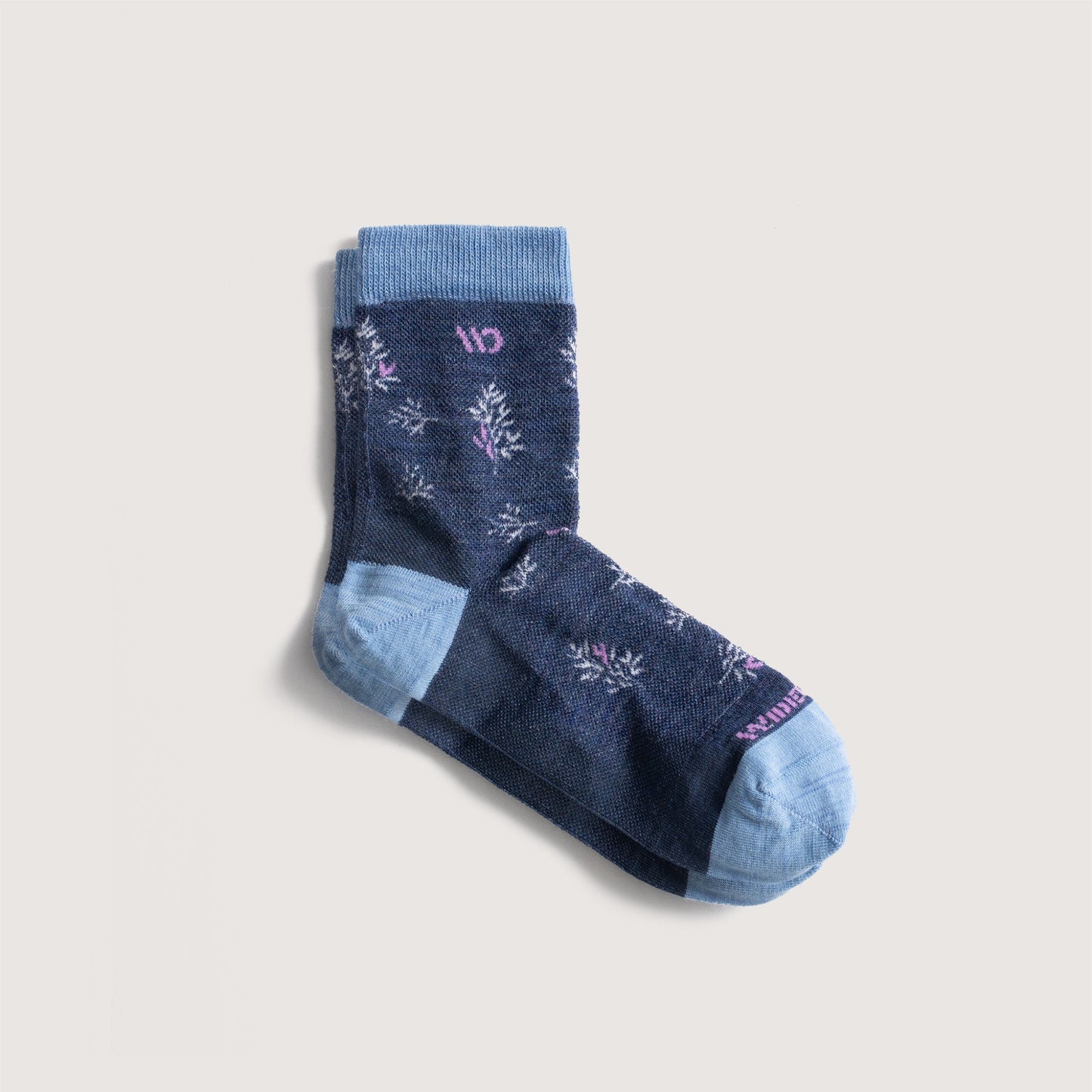 Flat socks, featuring light blue heel/toe, denim body, lavender logo and white detail --Light Gray/Teal/Denim/Taupe