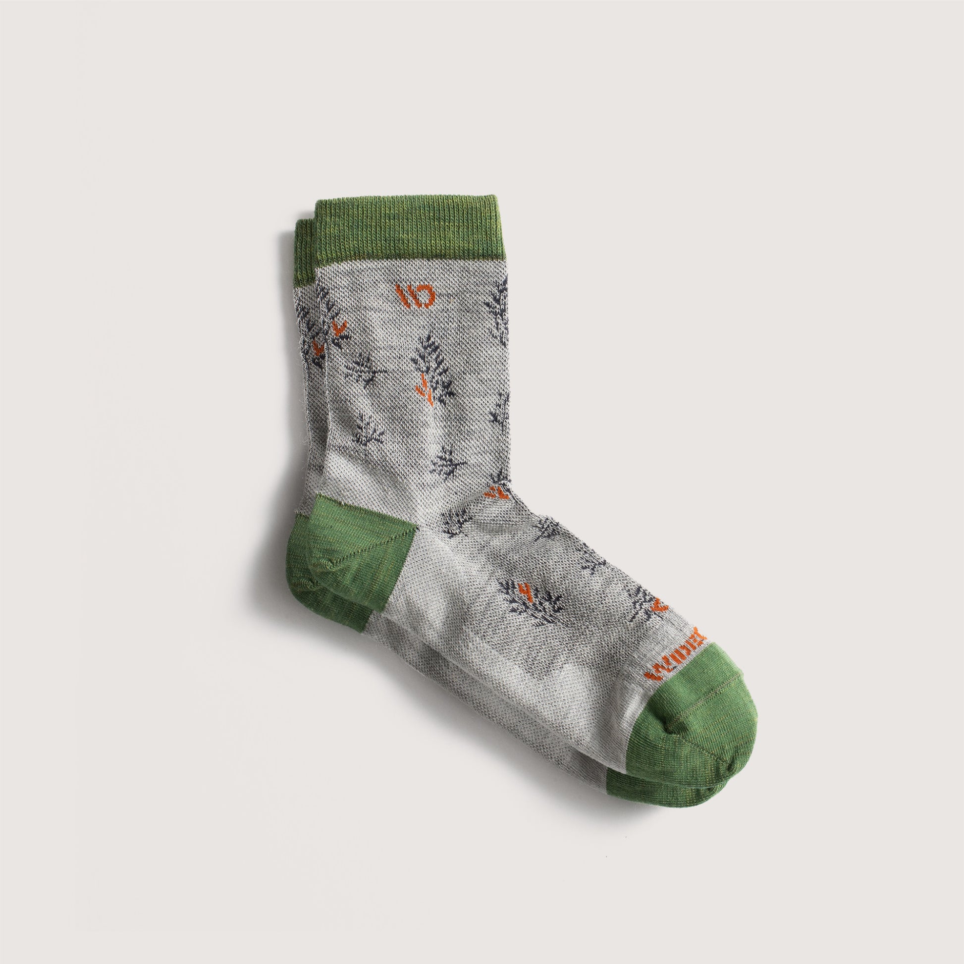 Flat socks featuring green toe, light gray body, orange logo and navy detail --Light Gray