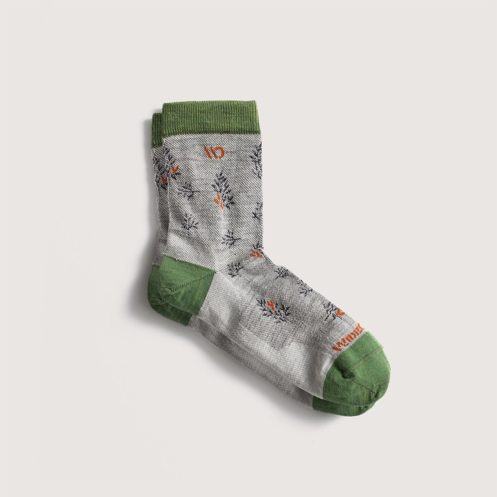 Flat socks featuring green toe, light gray body, orange logo and navy detail --Light Gray/Teal/Denim/Taupe