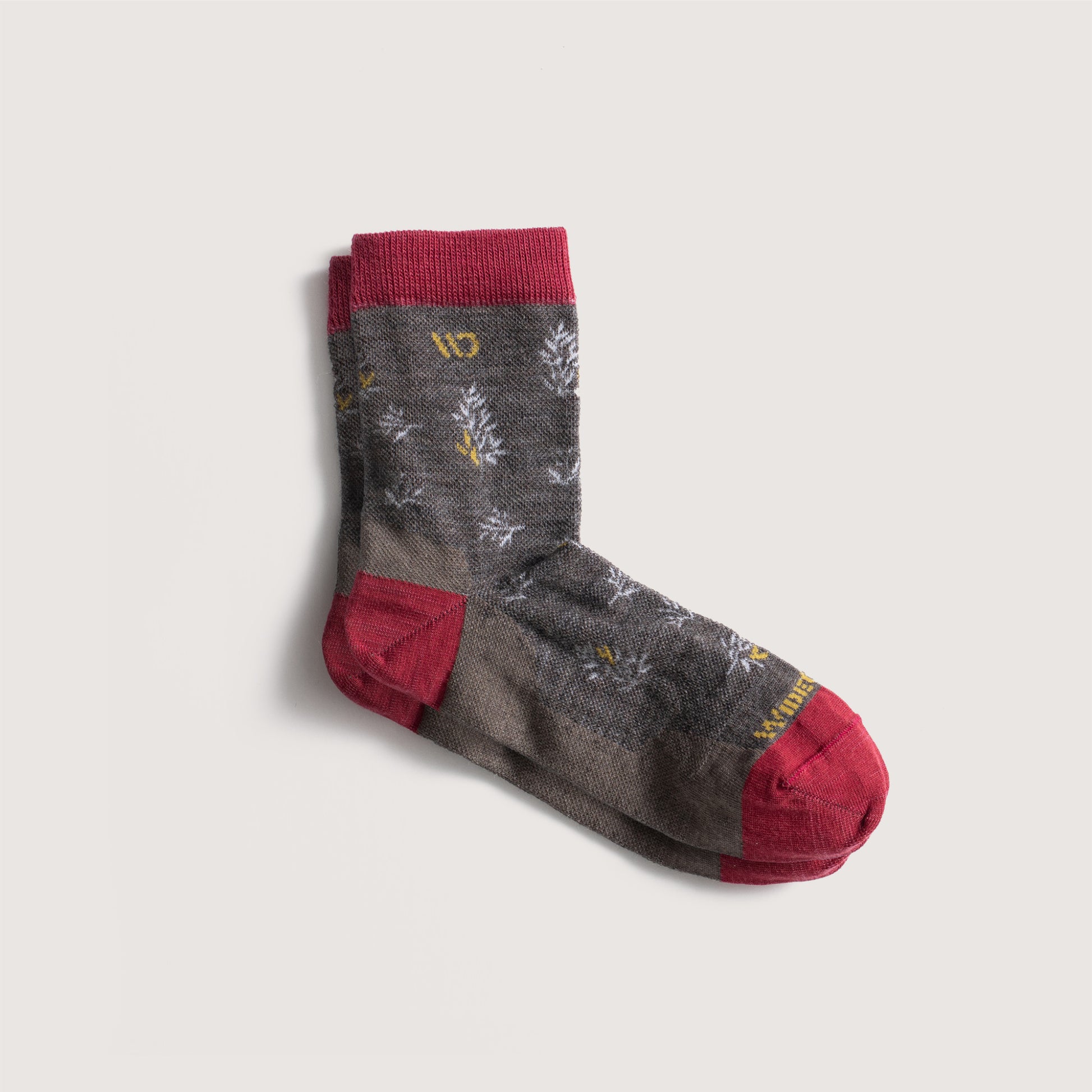 Flat socks featuring  maroon heel/toe/cuff, taupe body, yellow logo and white design --Taupe