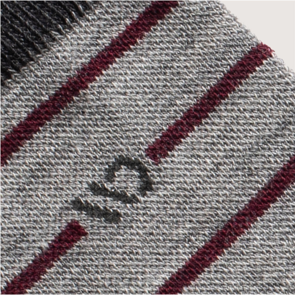 Detail featuring dark gray logo, wide spaced maroon stripe, light gray body --Light Gray