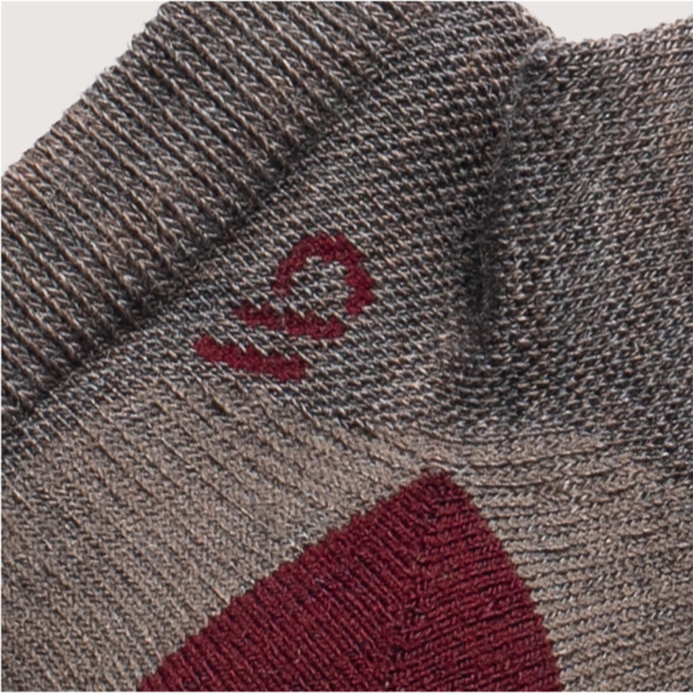 Detail featuring a maroon logo and heal, with solid taupe body--Light Teal/Denim/Taupe