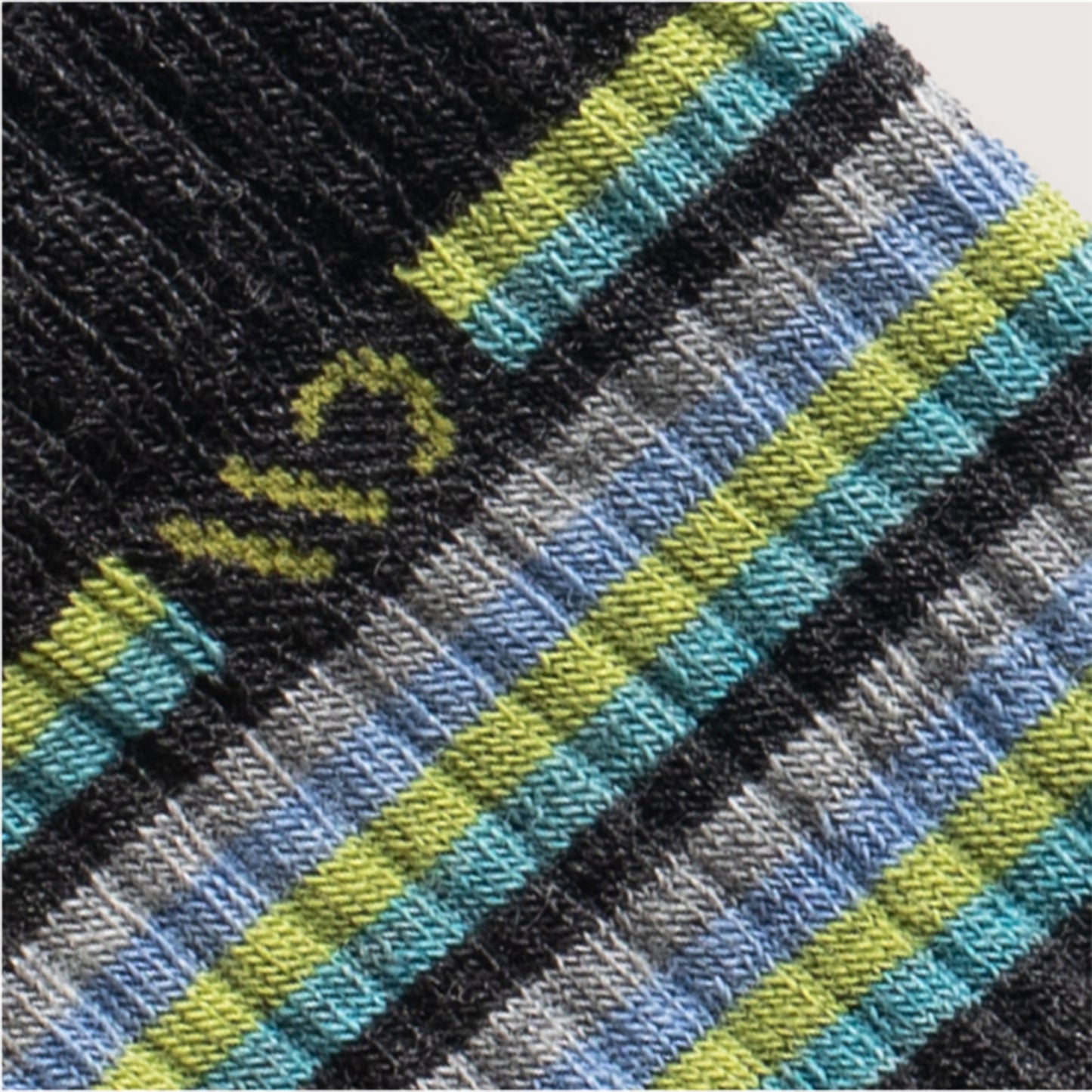 Detail featuring yellow logo and light blue, gray, black, aqua and yellow stripes --Charcoal