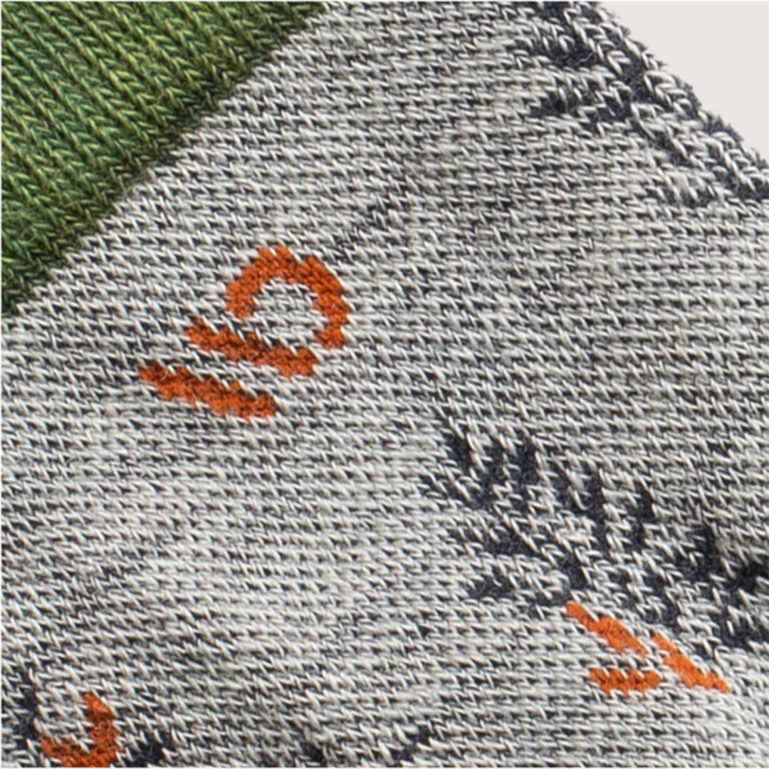 Detail featuring an orange logo and design in navy --Light Gray/Denim