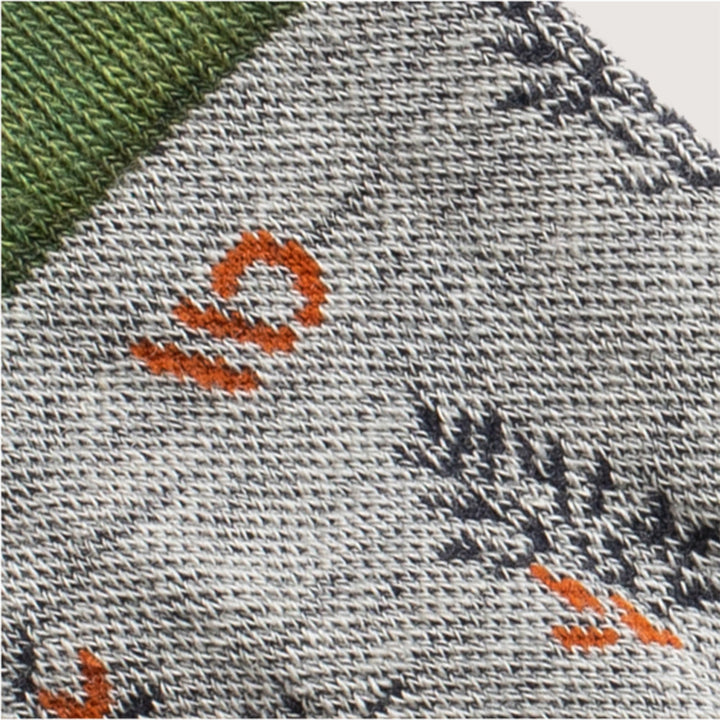 Detail featuring an orange logo and design in navy --Light Gray/Denim