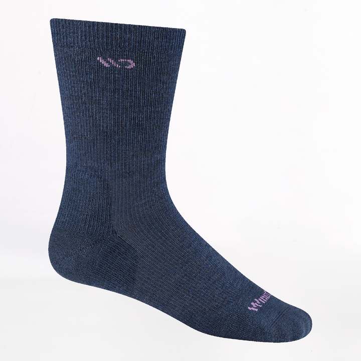 profile image of the 9504 solid cushioned crew in denim with lavender logo on top of toe and below the cuff
