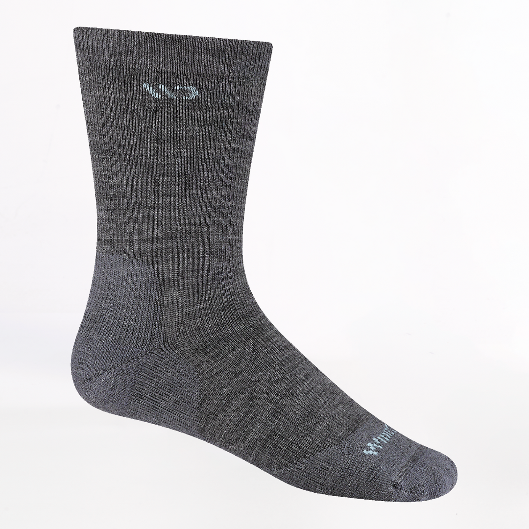 profile image of the 9504 solid cushioned crew sock in gray with light blue logo over toe and cuff