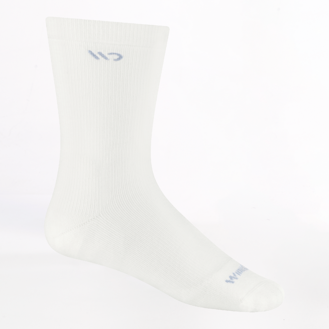 profile image of the 9504 solid cushioned crew in white with light blue logo over toe and under cuff