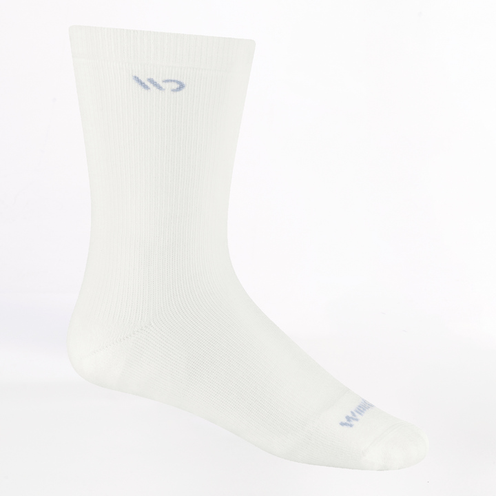 profile image of the 9504 solid cushioned crew in white with light blue logo over toe and under cuff