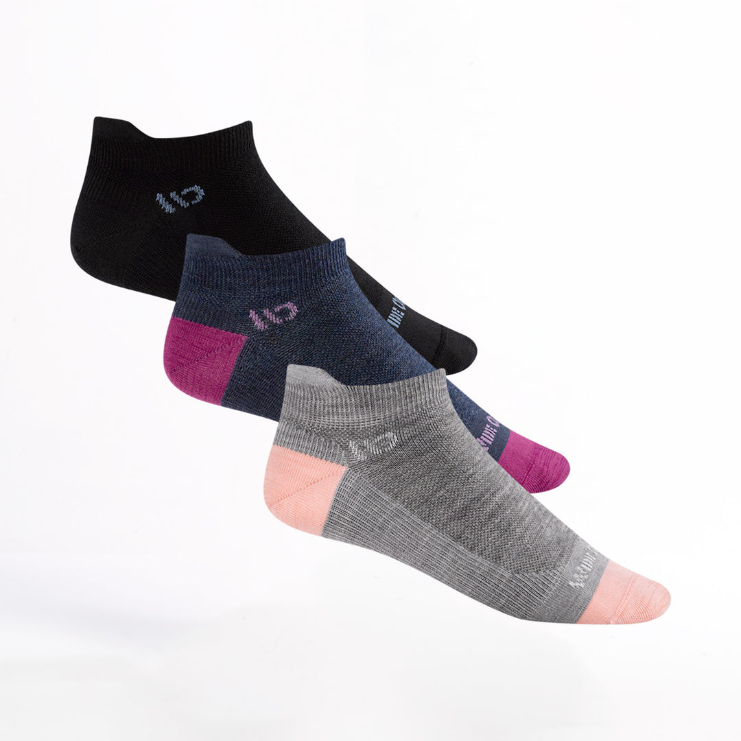 Bundle Image of three 9514 ankle socks in black gray and denim