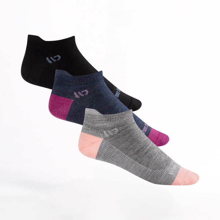 Bundle Image of three 9514 ankle socks in black gray and denim