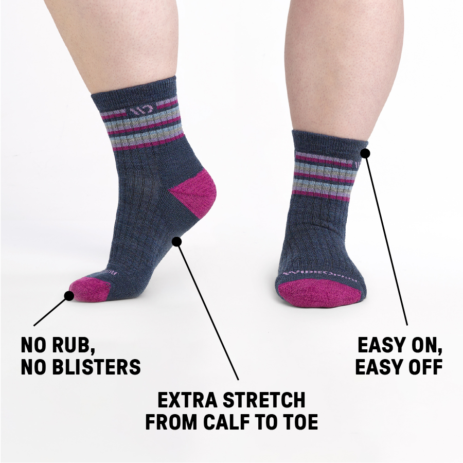 Feet wearing wide open socks with features called out, including extra stretch and easy-on, easy-off