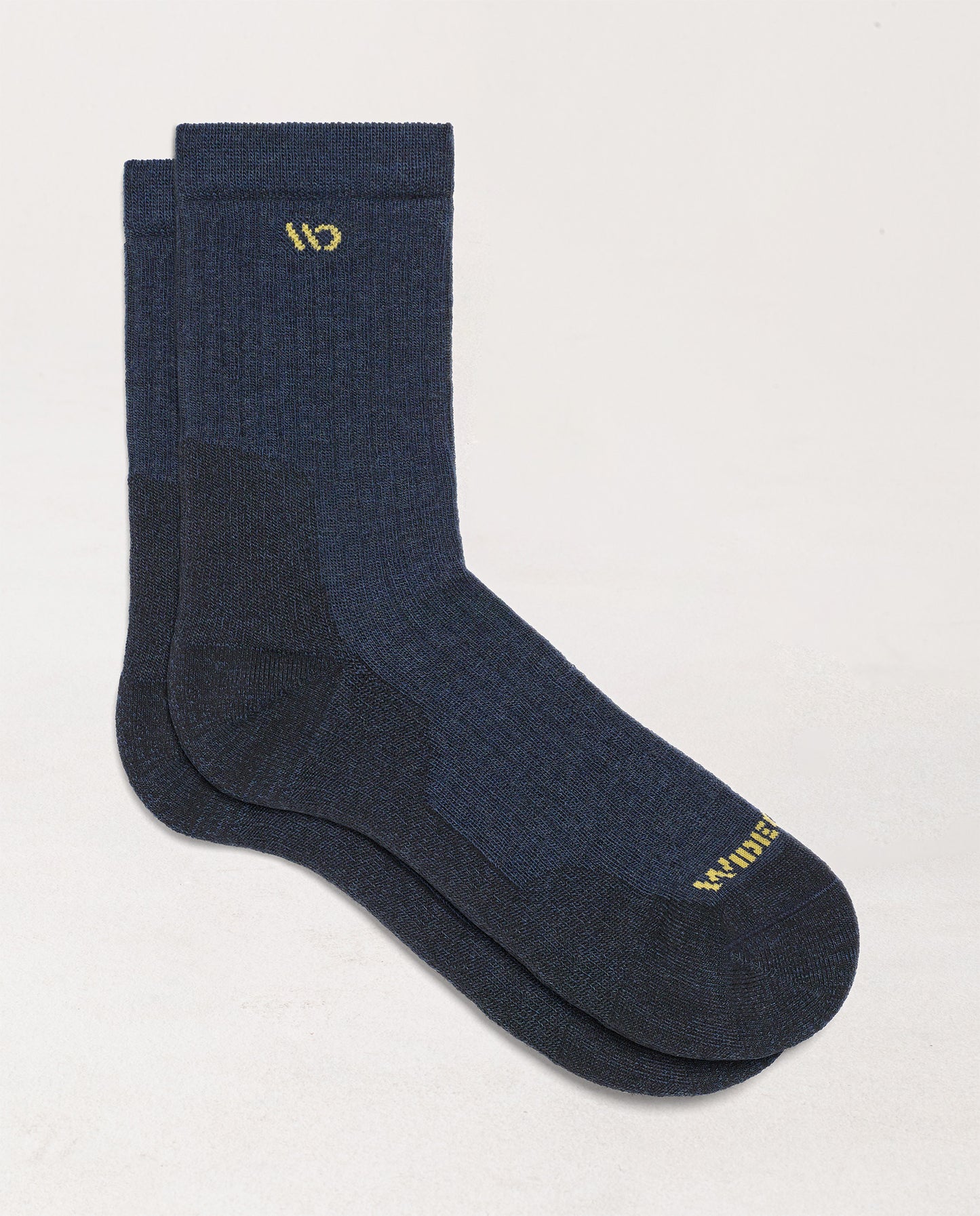 Flat socks featuring yellow logo, with denim body --Denim