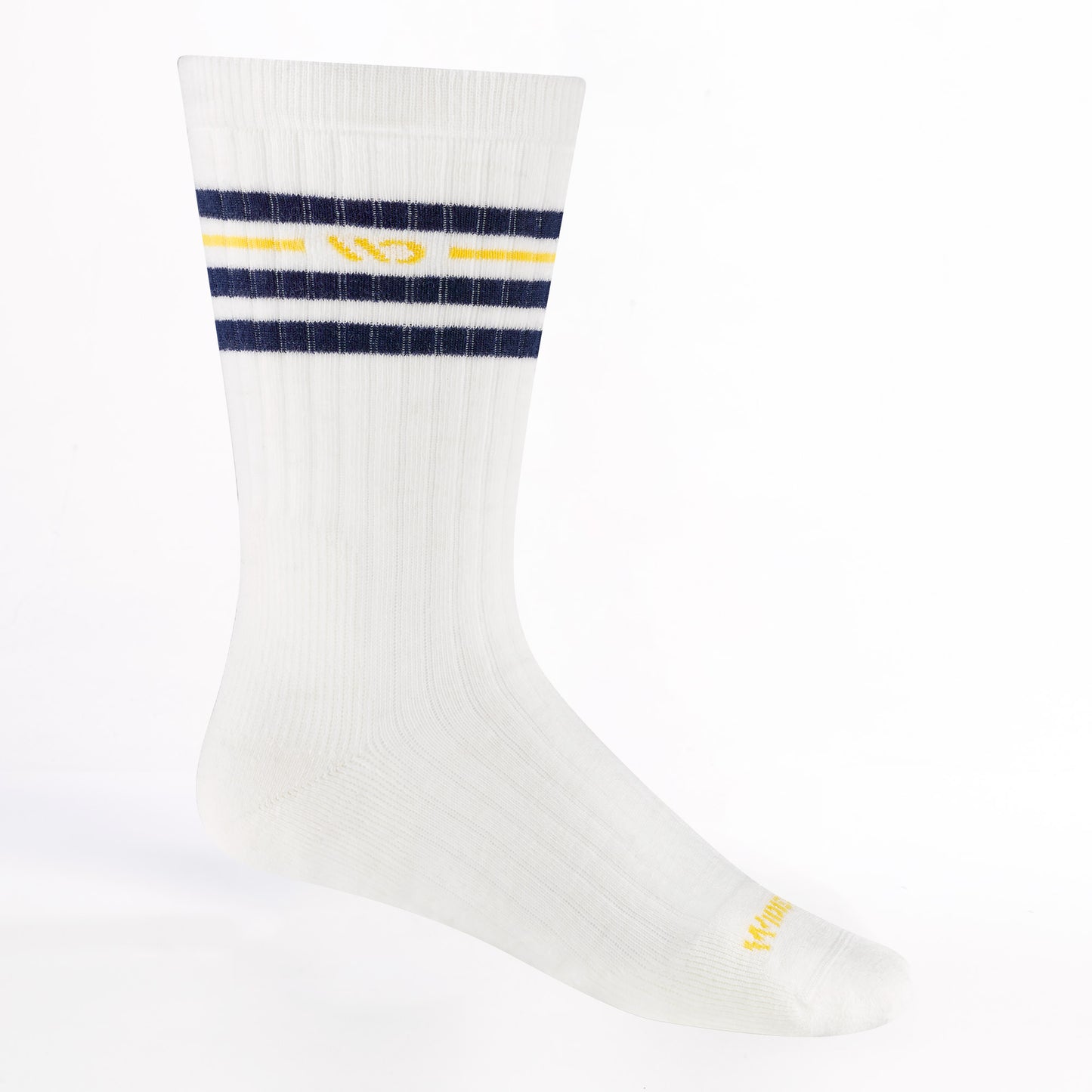 9002 Vintage Stripe Crew Sock in Ink White featuring yellow logo on toe and calf with blue stripes on the calf