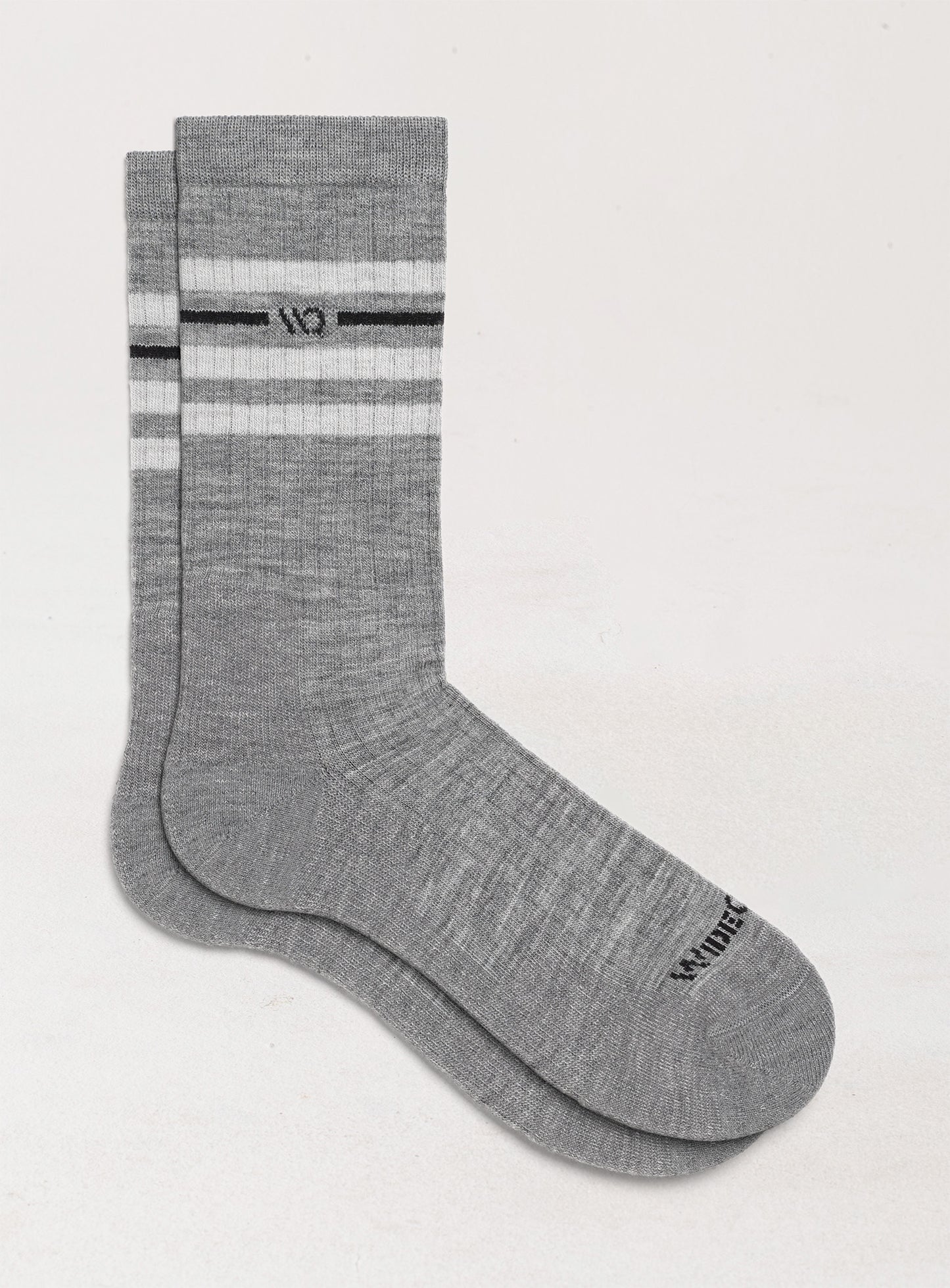 Flat socks featuring black logo, light gray body, white stripes below the cuff--Light Gray