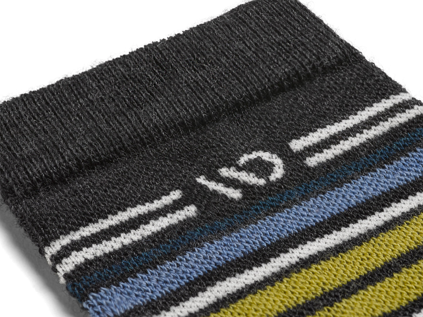 Detail featuring white, yellow, blue and teal stripes around the cuff--Charcoal